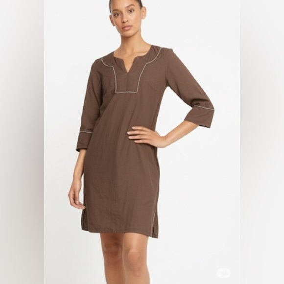 J.Crew V Neck Pull over Tunic Dress Chocolate Brown M boho contrast top stitch - Picture 1 of 10